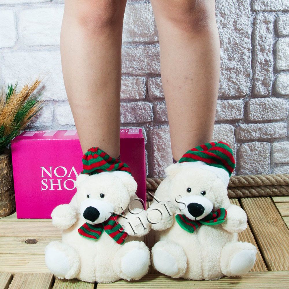 Bayan Panduf Ev Terliği Peluş Bej Ayıcık Yeşil Şapkalı Bot Noa Shoes