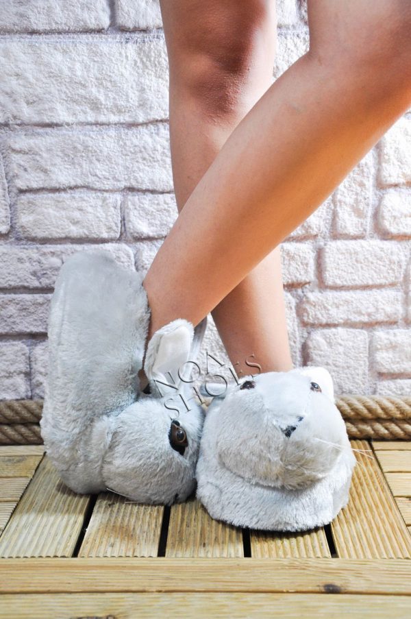 Panduf Gri Ev Terliği Tavşan Kadın Noa Shoes Peluş Tüylü Noa Shoes