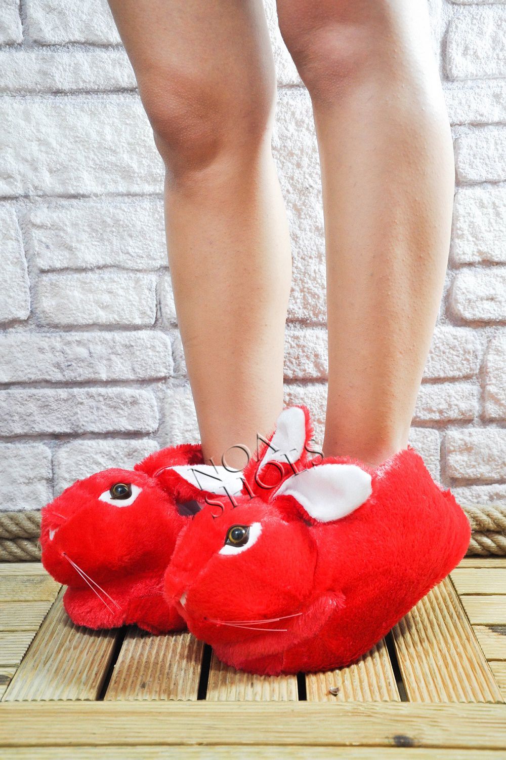 Kırmızı Panduf Kadın Ev Terliği Peluş Tavşan Tüylü Noa Shoes Noa