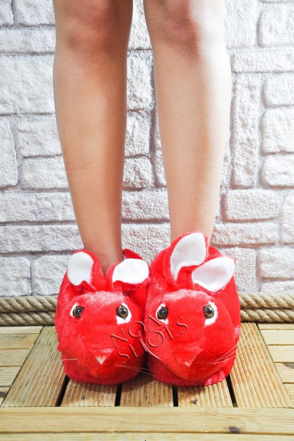 Kırmızı Panduf Kadın Ev Terliği Peluş Tavşan Tüylü Noa Shoes Noa