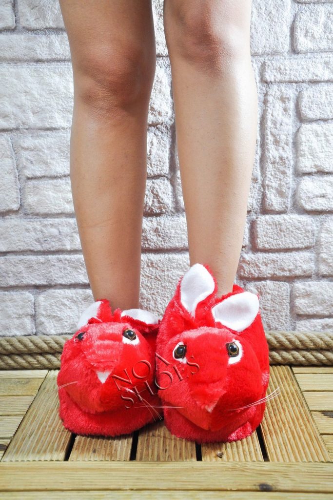 Kırmızı Panduf Kadın Ev Terliği Peluş Tavşan Tüylü Noa Shoes Noa